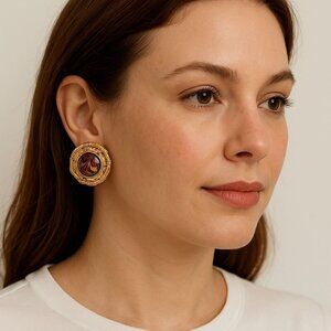 Vintage Gold Tone Woven Swirl Enamel Statement Clip-On Earrings